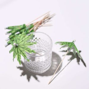 50-Pack Natural Bamboo Skewers 6", Green Tropical Leaf Parasol Cocktail Umbrella Picks - Eco Friendly Disposable Drink Sticks
