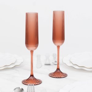 12 Pack Vintage Ribbed Champagne Flutes 4oz Transparent Dusty Rose – Disposable Plastic Toasting Glasses